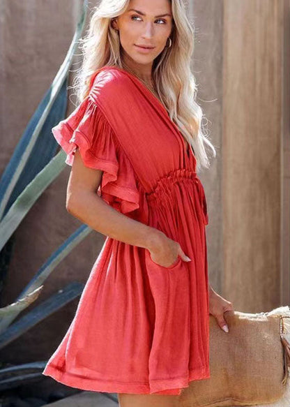 Red Ruffled Off the Back Cotton Dress Summer