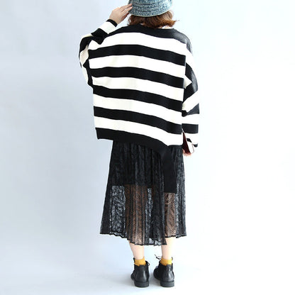 Strip Winter Woolen Tops Oversized Black and White Striped Pullover T Shirts