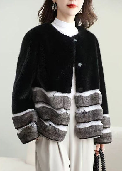 Striped Black O-neck Button Patchwork Leather and Fur Coat Winter