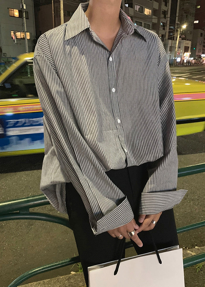 Striped Black Peter Pan Collar Button Cotton Mens Shirts Spring