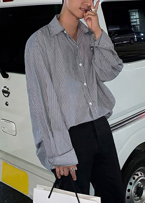Striped Black Peter Pan Collar Button Cotton Shirts Spring
