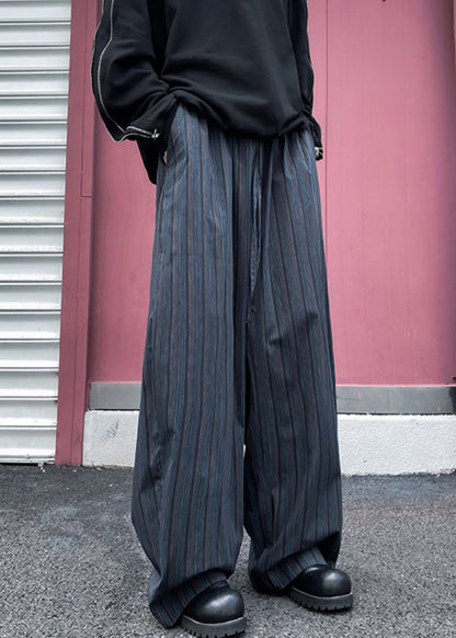 Striped Black Pockets Elastic Waist Cotton Wide Leg Pants Fall
