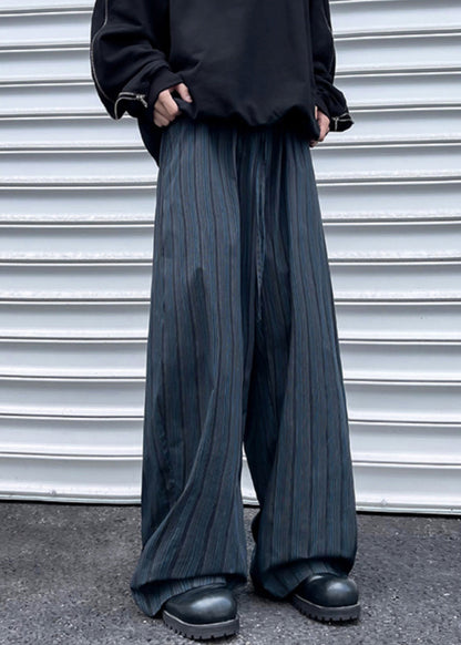 Striped Black Pockets Elastic Waist Cotton Wide Leg Pants Fall
