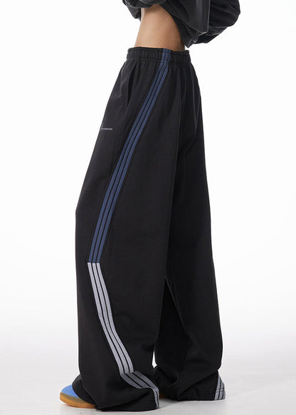 Striped Black Pockets Warm Fleece Pants Elastic Waist Spring