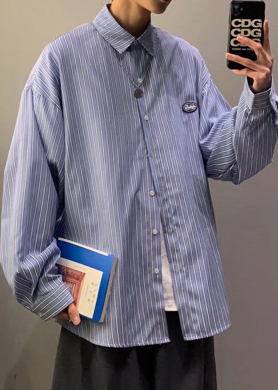 Striped Blue Button Cotton Shirts Peter Pan Collar Spring