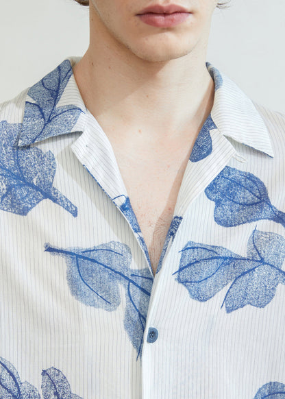 Striped Blue Button Print Cotton Mens Shirts Spring