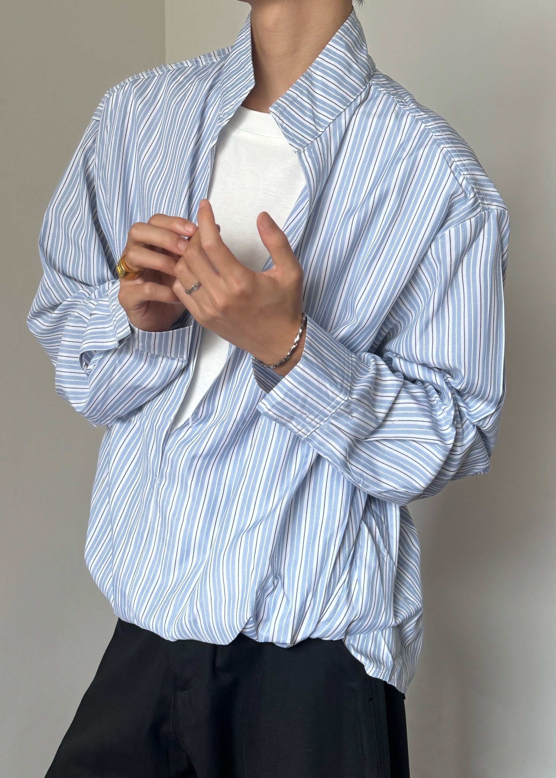 Striped Blue Stand Collar False Two Pieces Cotton Men Shirts Fall
