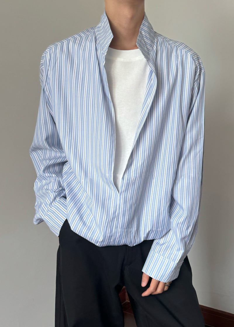 Striped Blue Stand Collar False Two Pieces Cotton Shirts Fall