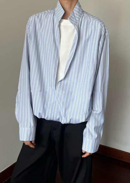 Striped Blue Stand Collar False Two Pieces Cotton Men Shirts Fall