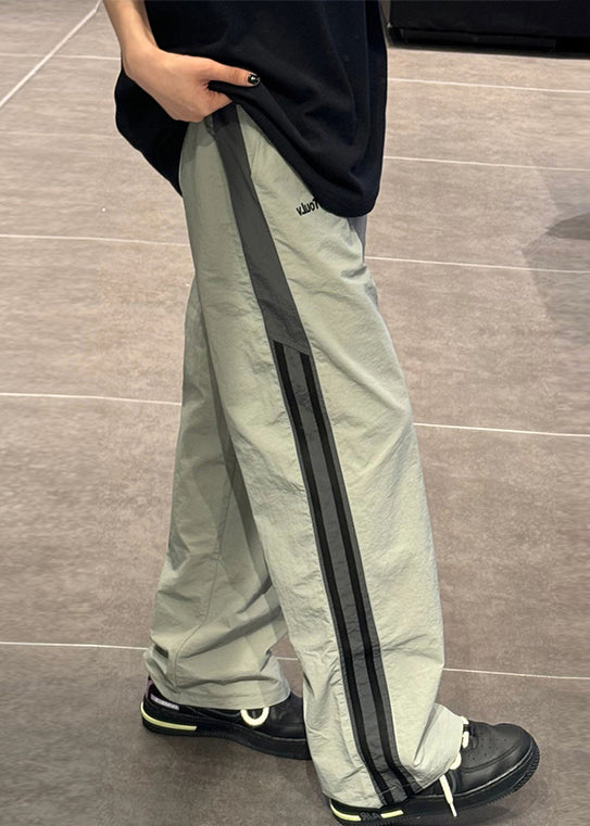 Striped Green Elastic Waist Patchwork Thin Cotton Pants Summer