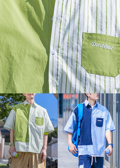 Striped Green Letter Patchwork Cotton Shirts Half Sleeve