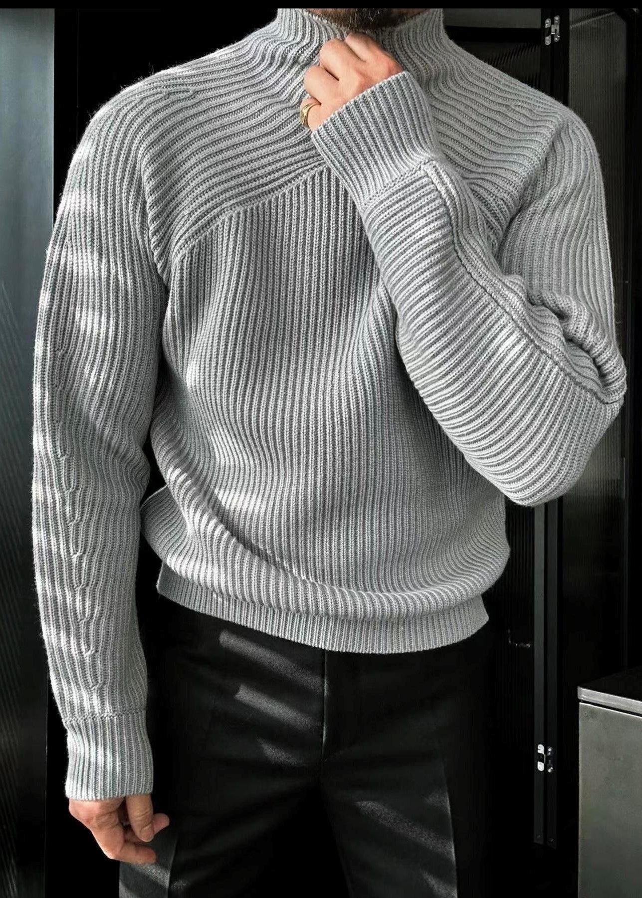 Striped Grey Turtleneck Knit Sweaters Winter