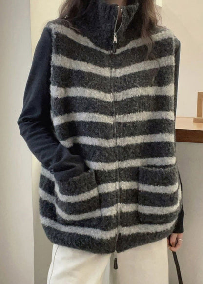 Striped Grey Zippered Patchwork Knit Waistcoat Sleeveless