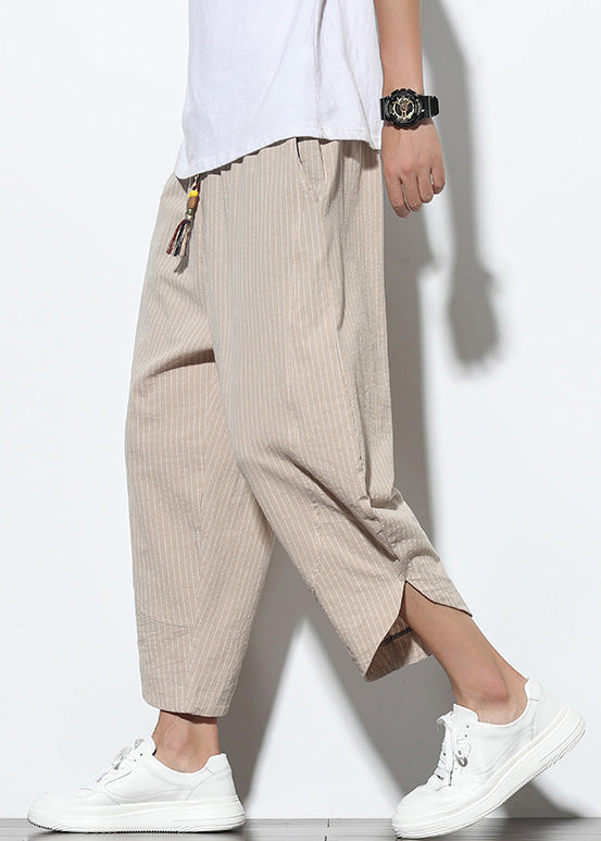 Striped Khaki Lace Up Pockets Cotton Crop Pants Summer