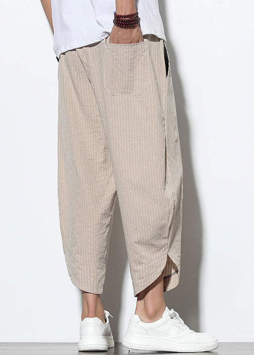 Striped Khaki Lace Up Pockets Cotton Crop Pants Summer