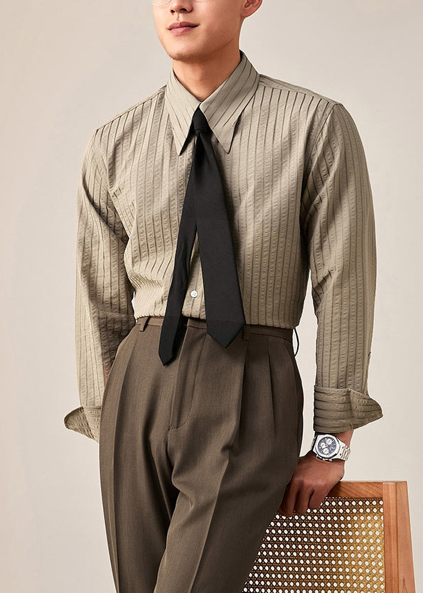 Striped Khaki Peter Pan Collar Button Cotton Shirt Fall