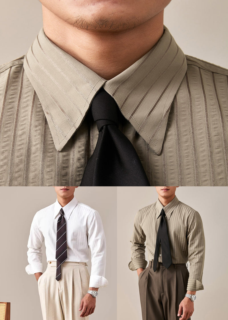 Striped Khaki Peter Pan Collar Button Cotton Shirt Fall