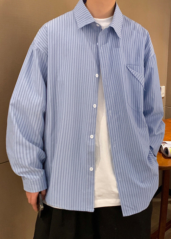 Striped Khaki Peter Pan Collar Pockets Cotton Shirt Spring