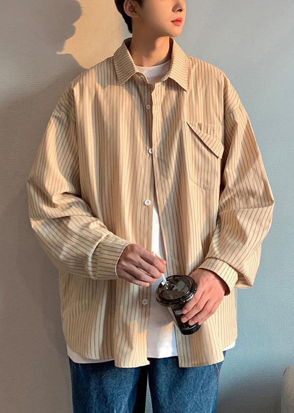 Striped Khaki Peter Pan Collar Pockets Cotton Shirt Men Spring