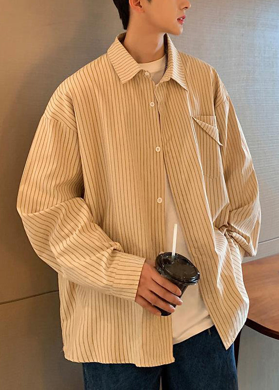 Striped Khaki Peter Pan Collar Pockets Cotton Shirt Men Spring