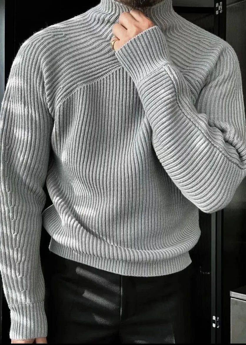 Striped Light Grey Turtleneck Knit Sweaters Winter