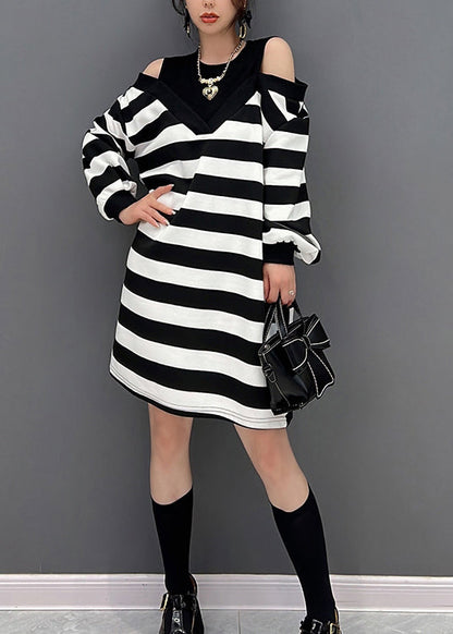 Striped O-neck Fake Two Pieces Knit Mid Dresses Winter