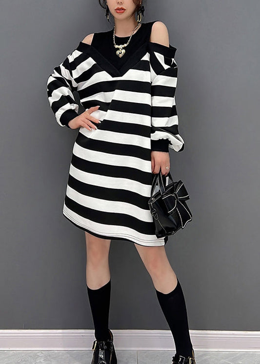 Striped O-neck Fake Two Pieces Knit Mid Dresses Winter