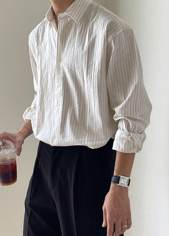 Striped White Peter Pan Collar Button Cotton Shirt Men Spring