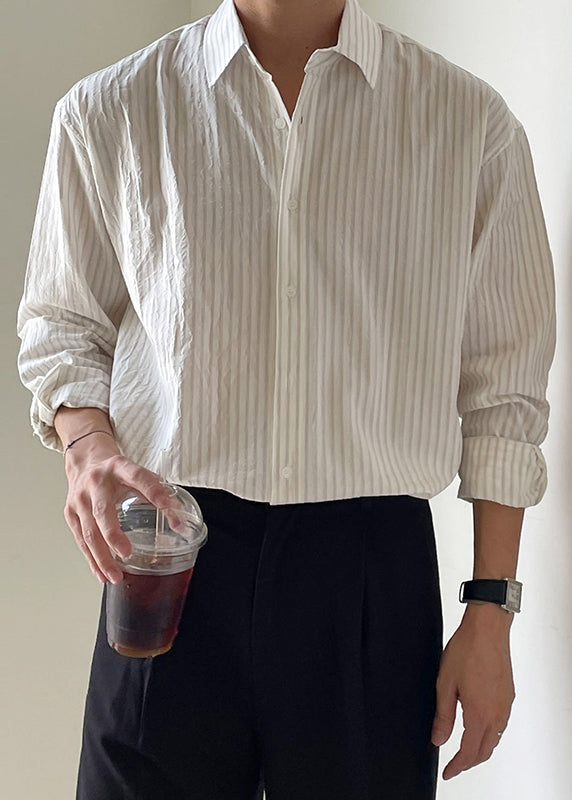 Striped White Peter Pan Collar Button Cotton Shirt Spring