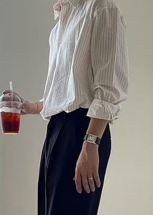 Striped White Peter Pan Collar Button Cotton Shirt Men Spring