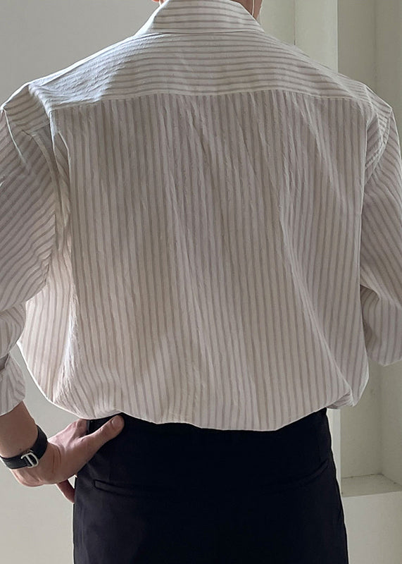 Striped White Peter Pan Collar Button Cotton Shirt Men Spring