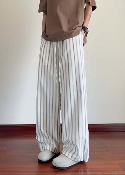 Striped White Pockets Elastic Waist Cotton Wide Leg Pants Summer