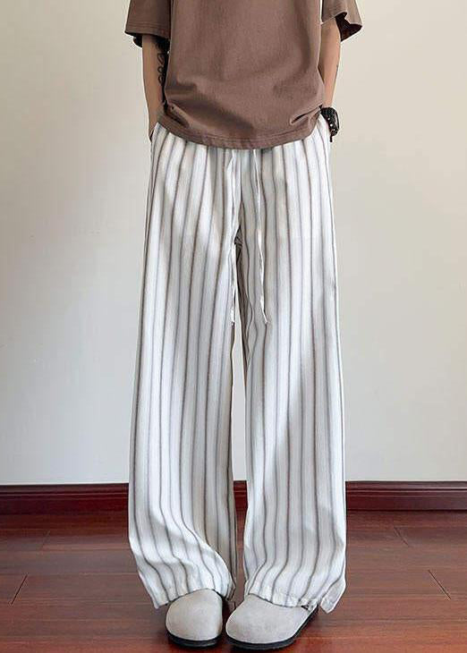 Striped White Pockets Elastic Waist Cotton Wide Leg Pants Summer