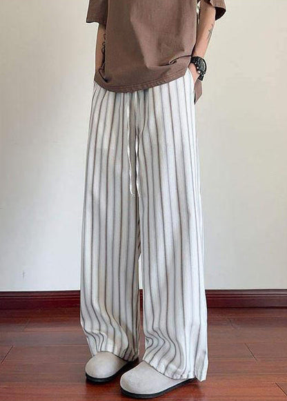 Striped White Pockets Elastic Waist Cotton Wide Leg Pants Summer