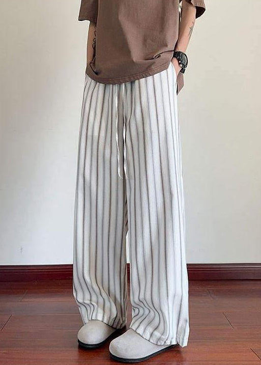 Striped White Pockets Elastic Waist Cotton Wide Leg Pants Summer