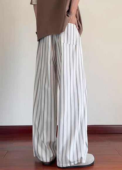 Striped White Pockets Elastic Waist Cotton Wide Leg Pants Summer