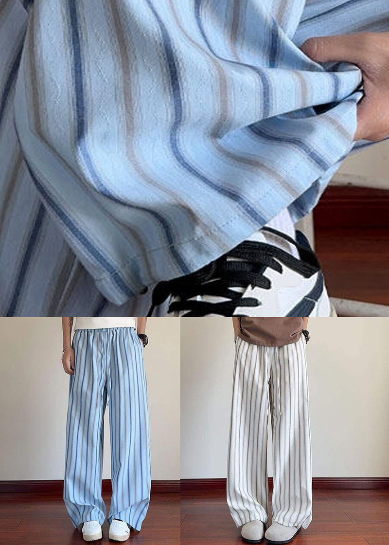Striped White Pockets Elastic Waist Cotton Wide Leg Pants Summer