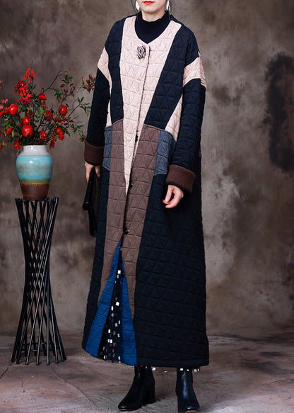 Style Apricot Black Colour Patchwork O-neck Cotton Thick Long Coat Long Sleeve