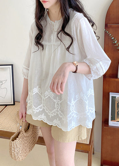 Style Apricot O-neck Lace Patchwork Hollow Out Shirt Half Sleeve