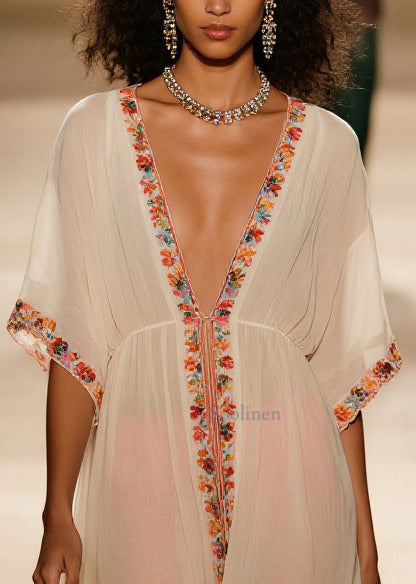 Style Apricot V Neck Cotton Vacation Dresses Summer