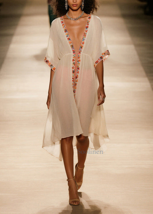 Style Apricot V Neck Cotton Vacation Dresses Summer