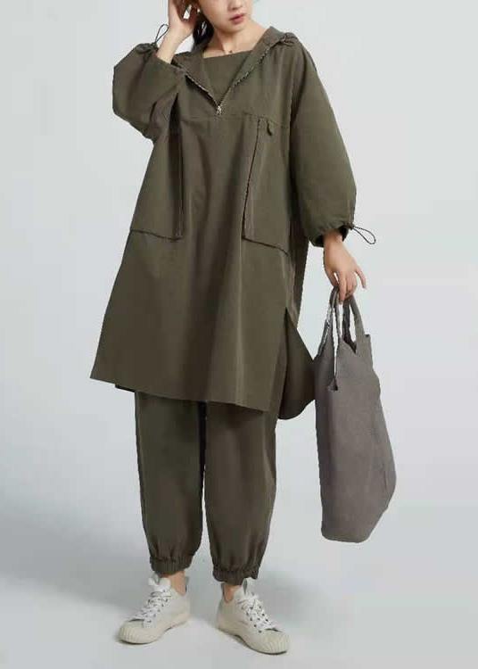 Style Arm Green Cotton Blouses for Side Open Short Hooded Long Blouse