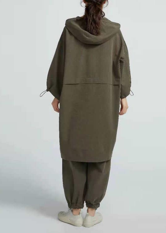 Style Arm Green Cotton Blouses for Side Open Short Hooded Long Blouse
