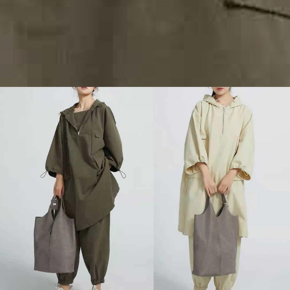 Style Arm Green Cotton Blouses For Women Side Open  Short Hooded  Long Blouse