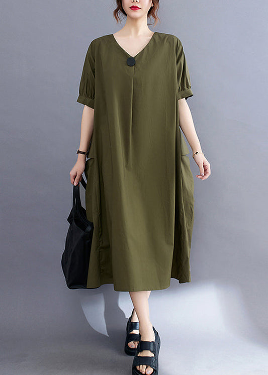 Style Army Green V Neck Pockets Cotton Long Dresses Summer