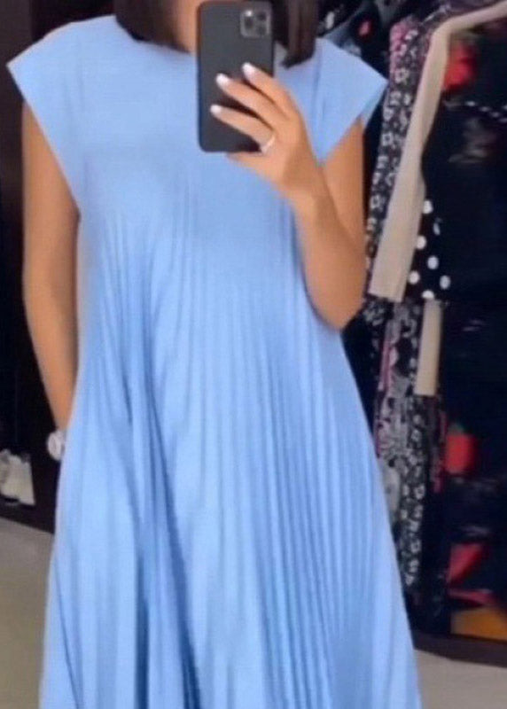 Style Beige O-neck Wrinkled Long Dress Summer