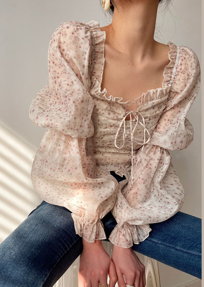 Style Beige Slash Neck Print Ruffles Blouse Top Long Sleeve