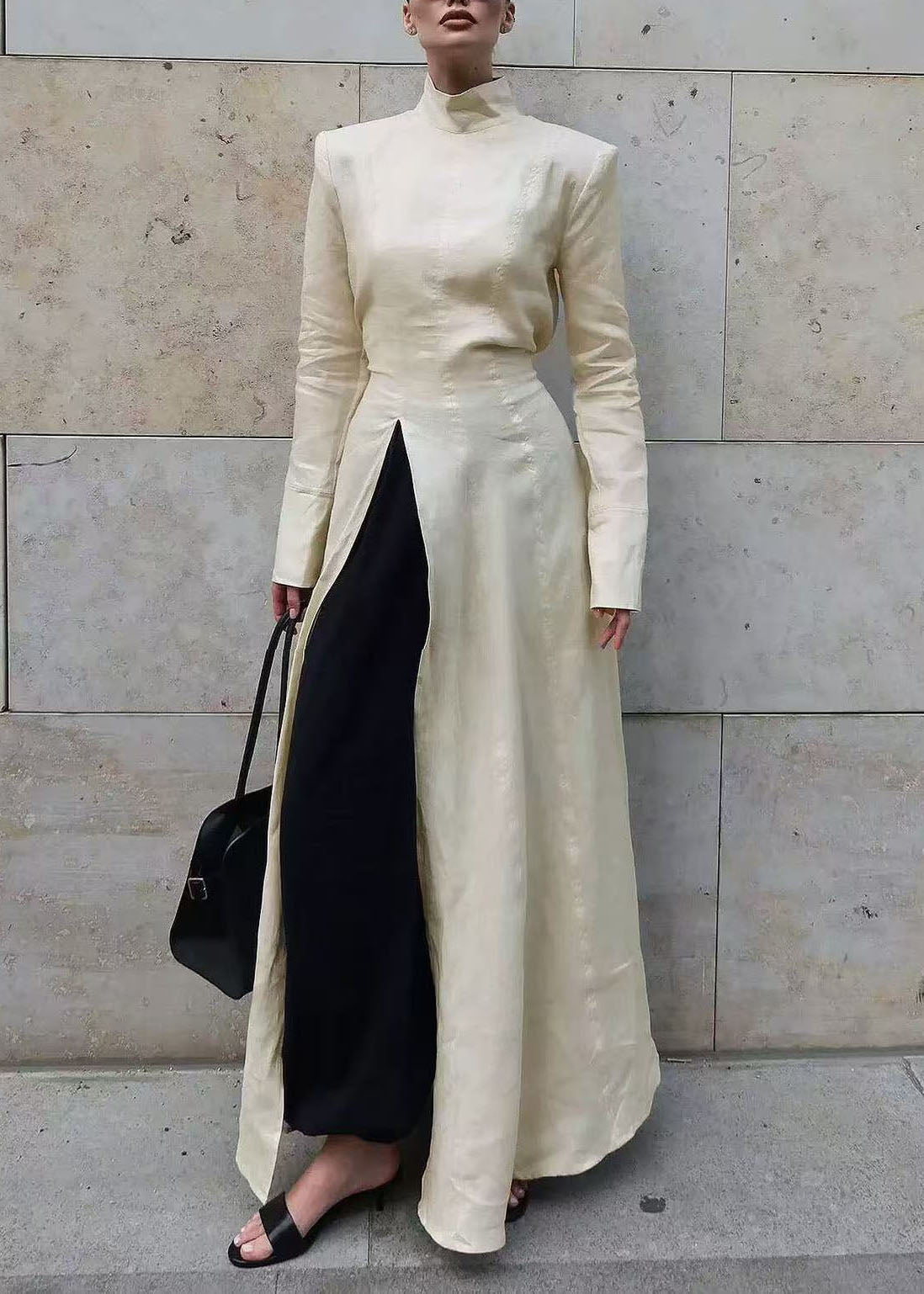 Style Beige Stand Collar Side Open Patchwork Cotton Dress Fall