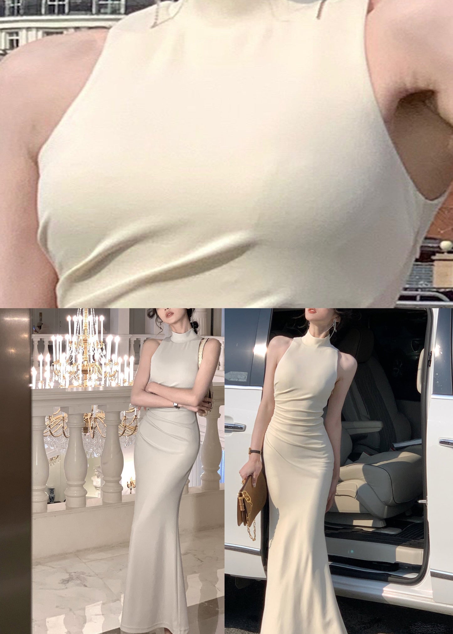 Style Beige Turtleneck Slim Maxi Dress Summer