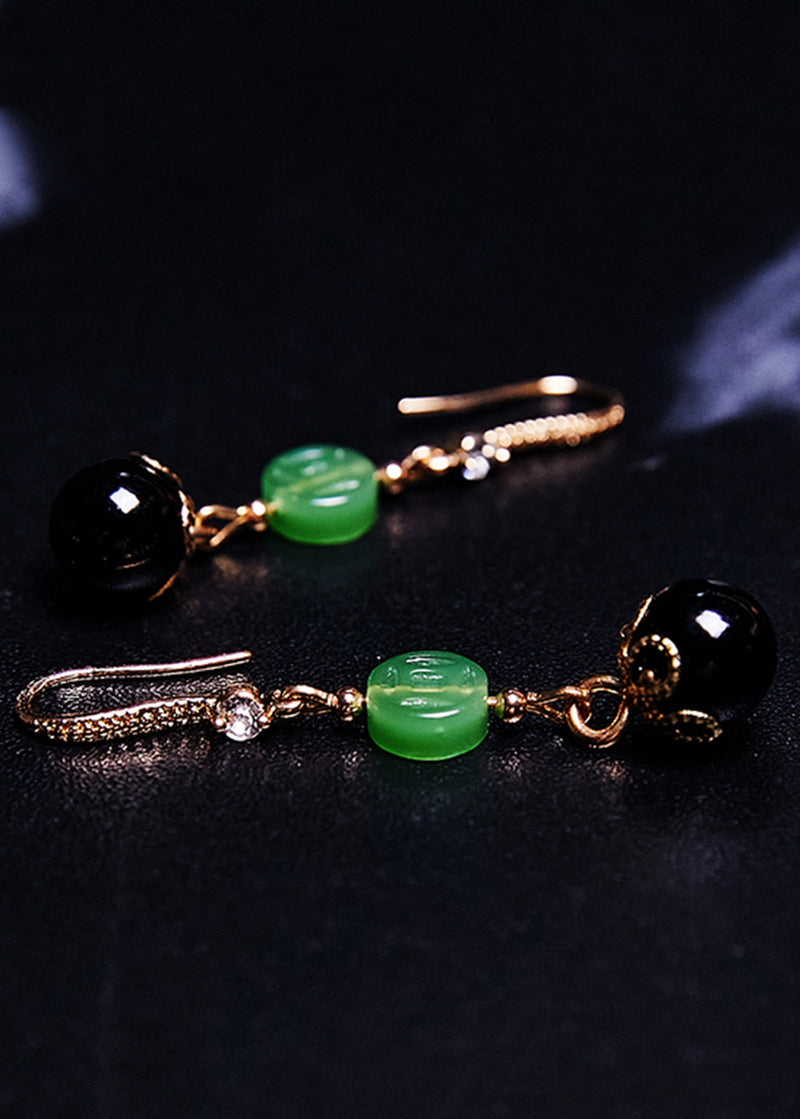 Style Black Agate Tassels Jade Drop Earrings
